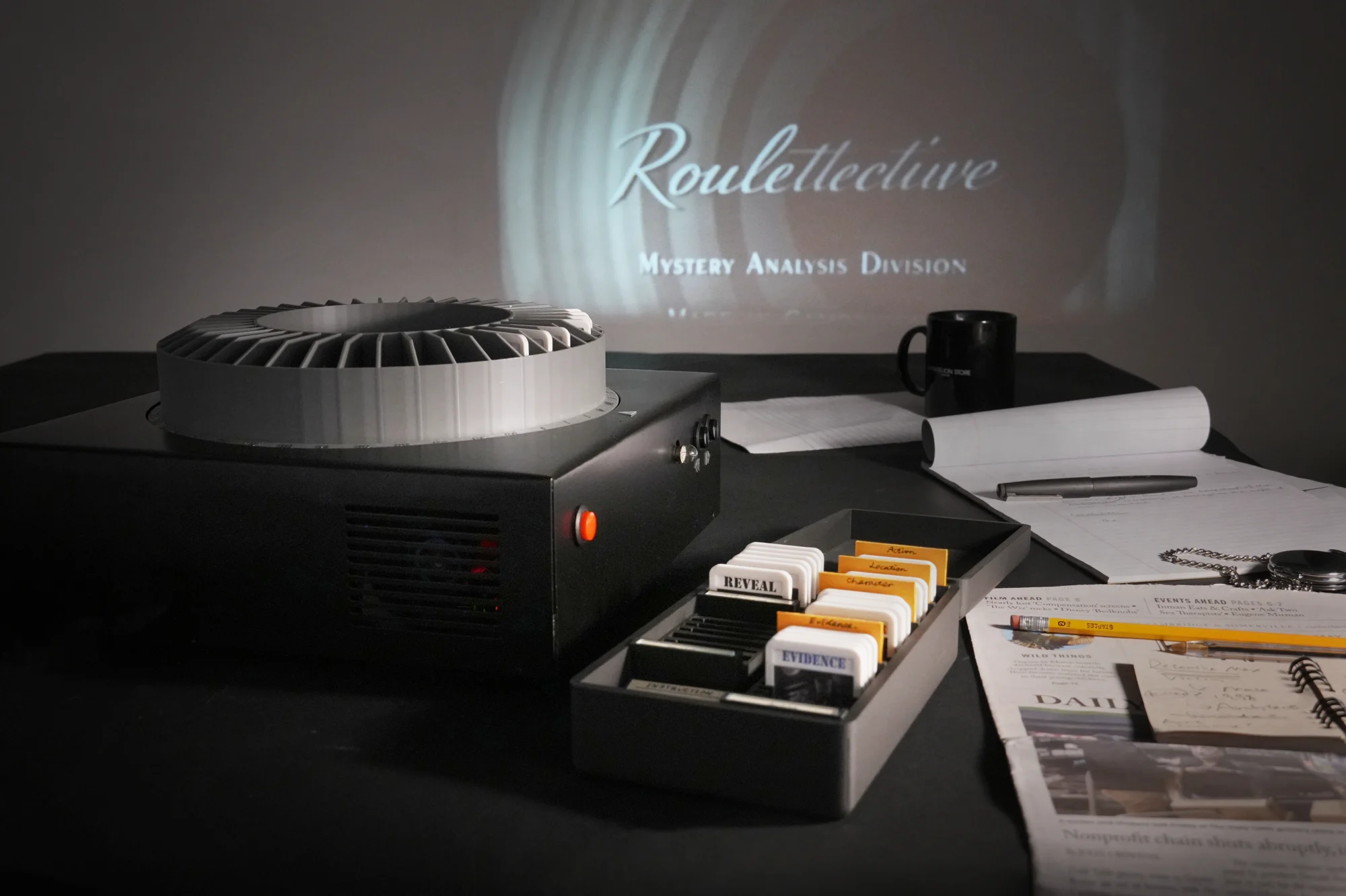 A vintage slide projector becomes a physical interface for AI-generated detective stories.